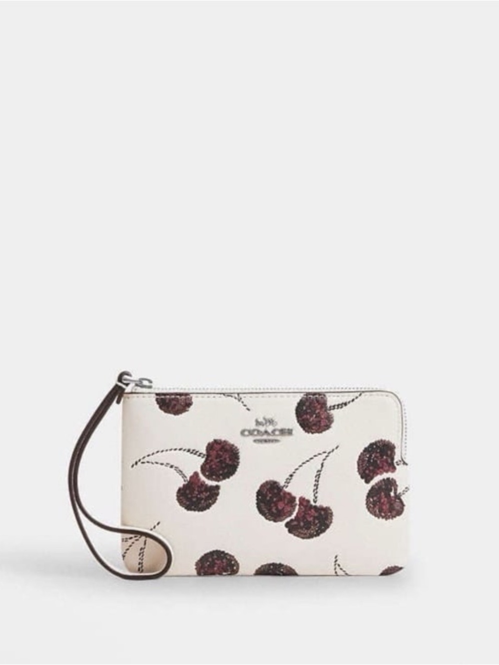 Coach Corner Zip Wristlet With Cherry Print Chalk NWT